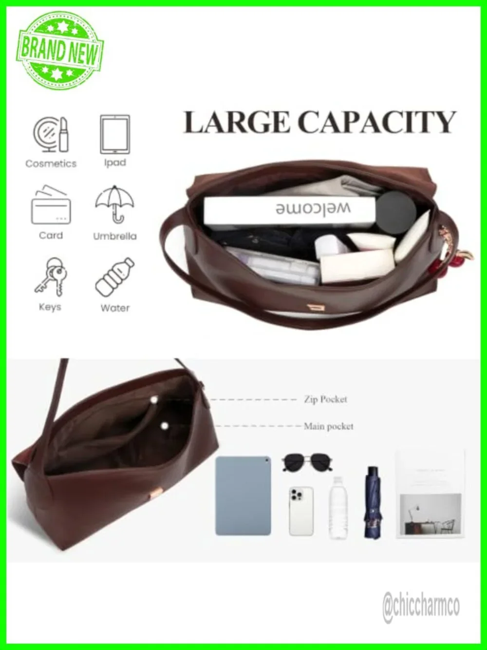 Women's Faux Leather Large Hobo Shoulder Bag with Cherry Charm